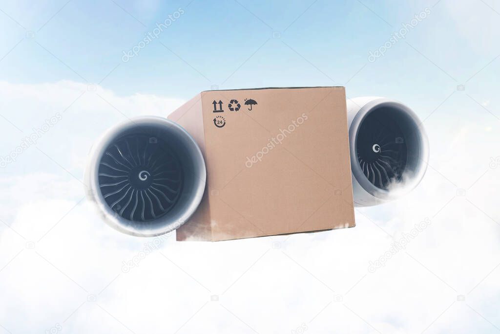 Super express delivery, future concept. Packing cardboard box with airplane turbines flies in the sky with clouds. Delivery of goods and Cargo transportation. Autopilot