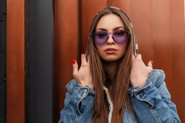 Stylish Portrait Hipster Young Woman Fashionable Purple Glasses Youth Oversized — Stock Photo, Image