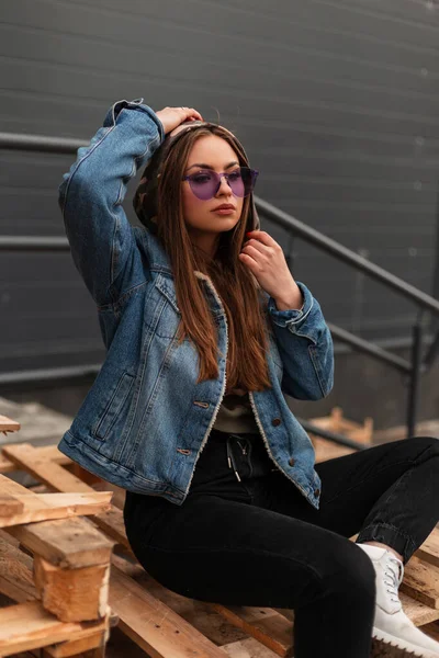 Young Fashionable Hipster Woman Purple Trendy Glasses Blue Stylish Denim — Stock Photo, Image
