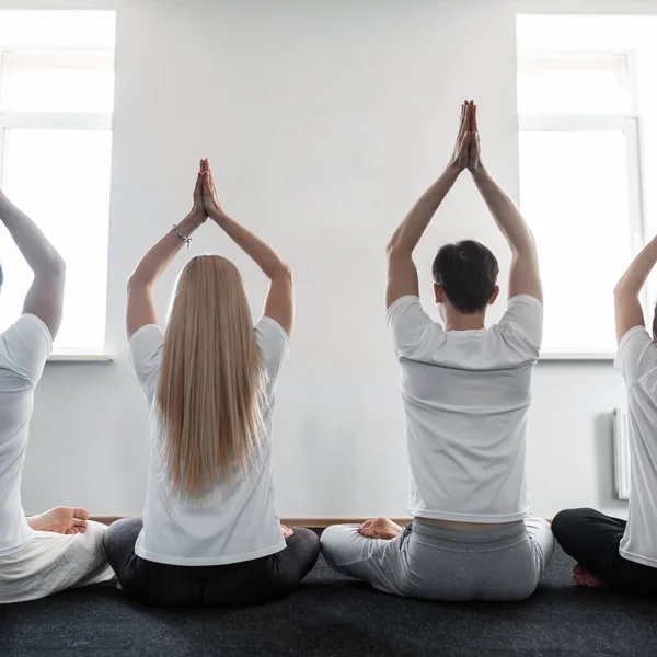 Men Women Meditate Yoga Classes Group People Love Doing Stretching — Stock Photo, Image