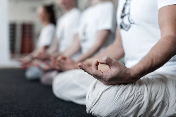 Group People Relaxes Meditate Doing Stretching Exercises Fitness Studio Yoga — Stock Photo, Image