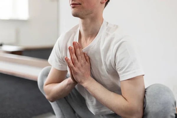 Young Man Yoga Training Fitness Studio Concept Meditation Health Lifestyle — Stock Photo, Image