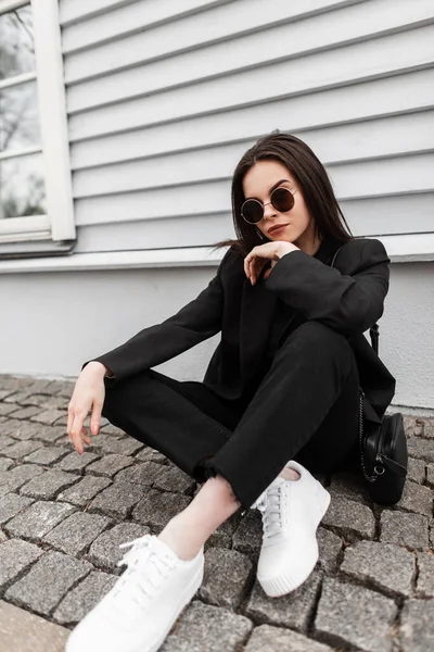 Trendy Young Woman Hipster Sunglasses Fashionable Youth Black Clothes White — Stock Photo, Image