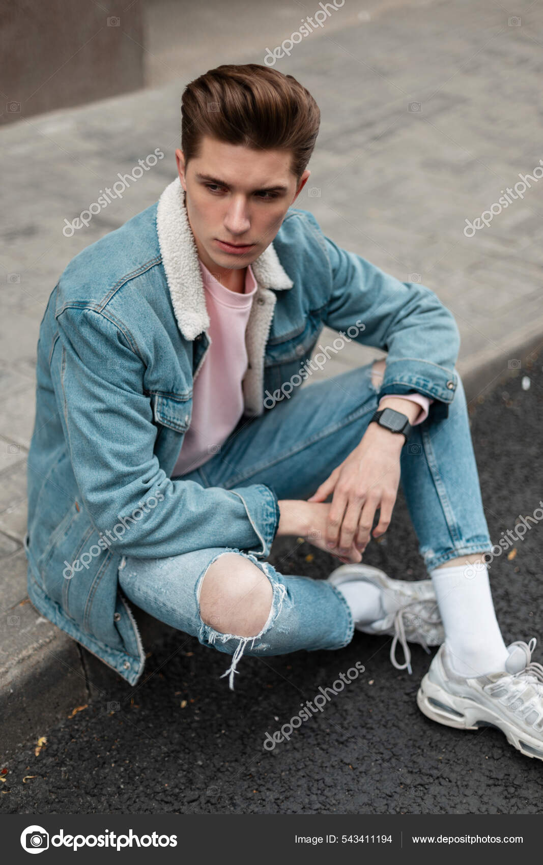 Urban Young Man Hipster in Oversize Leather Jacket in Vintage Jeans with  Hairstyle Walks on the Street Near the Parking Lot. Stock Photo - Image of  outdoors, handsome: 198422692