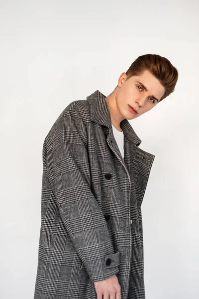 Studio Portrait Handsome Young Man Fashionable Coat Poses White Background — Stock Photo, Image