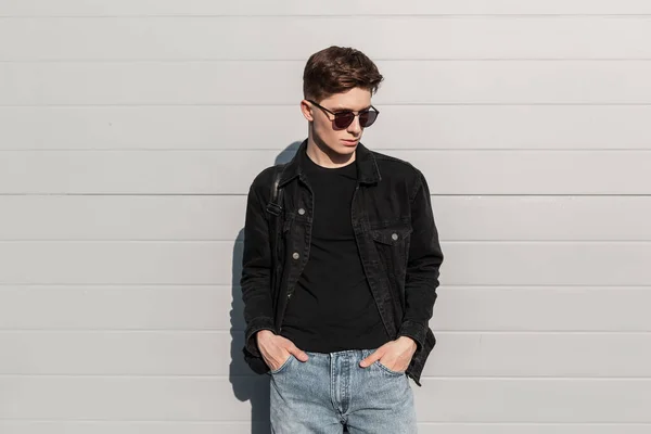 Modern Trendy Young Man Hipster Fashionable Denim Clothes Stylish Sunglasses — Stock Photo, Image