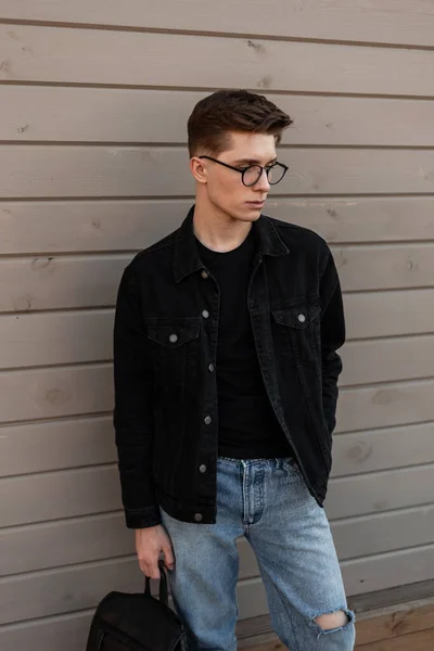 Cool Fashion Young Man Hipster Glasses Hairstyle Stylish Casual Denim — Stock Photo, Image