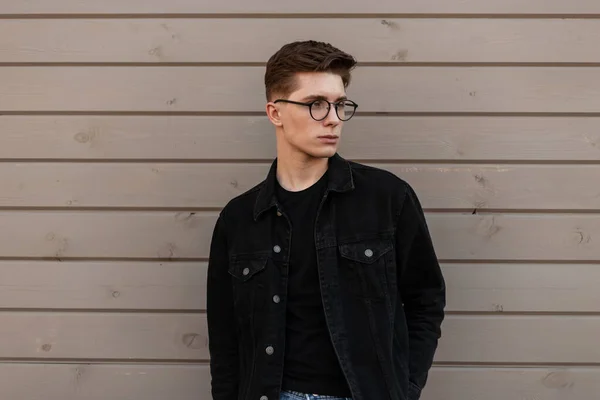 Cool Serious Young Man Hipster Fashionable Denim Clothes Stylish Glasses — Stock Photo, Image