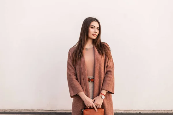 Mignon Modèle Attrayant Jeune Femme Vêtements Marron Élégant Avec Sac — Photo