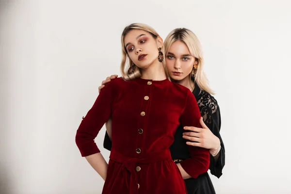 Дві Красиві Молоді Подружки Блондинки Стильних Сукнях Сексуальними Губами Позують — стокове фото