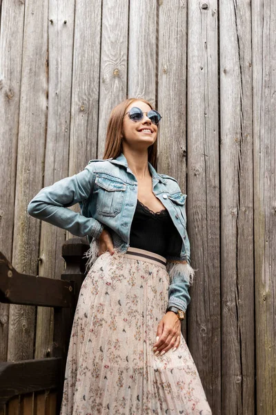 Happy Young Beautiful Girl Cool Blue Sunglasses Blue Denim Clothes — Stock Photo, Image