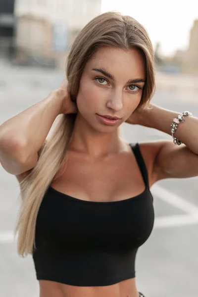Beautiful Young Woman Stylish Mockup Black Shirt Fashion Bracelet Her — Stock Photo, Image