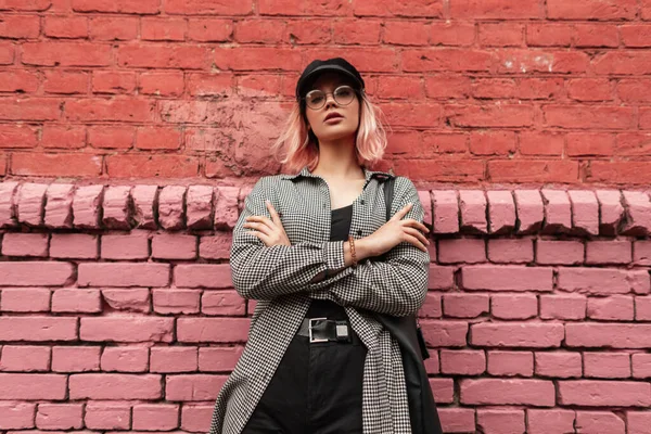 Hipster Modelo Mujer Joven Moda Con Gafas Con Estilo Camisa — Foto de Stock