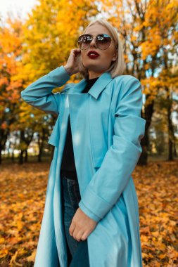 Güneş gözlüklü, şık mavi montlu moda işkadını. Sonbahar parkında sarı yapraklarla yürüyor.