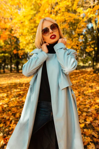 美丽时尚的女人 穿着时尚的外套 穿着毛衣 戴着太阳镜 背景是秋色的公园 绿叶斑斓 — 图库照片