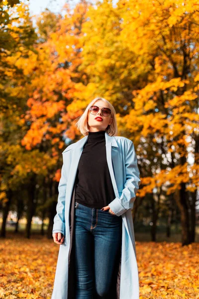 Mooie Stijlvolle Jonge Vrouw Met Vintage Zonnebril Een Blauwe Modieuze — Stockfoto