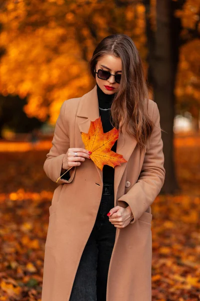 黄色の紅葉の散歩公園でスタイリッシュなヴィンテージベージュのコートとセーターでファッショナブルな若い女性 — ストック写真