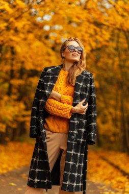 Şık, şık, klasik elbiseli, örgü süveterli, güneş gözlüklü siyah ceketli güzel bir kız dışarıda, sarı sonbahar yapraklarıyla yürüyor.