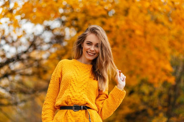 전통적 스웨터를 황금빛 나뭇잎 공원을 산책하며 미소를 아름다운 — 스톡 사진
