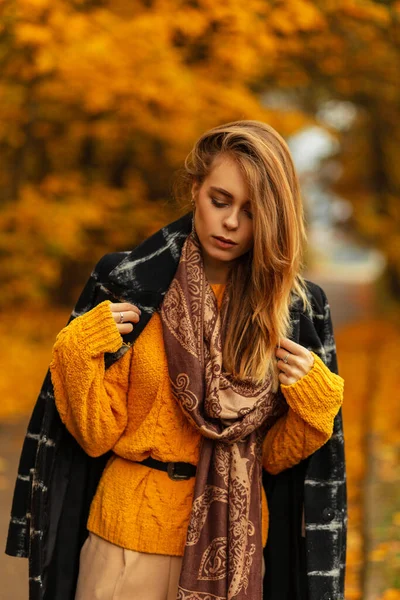빈티지 스웨터와 스카프를 여자가 코트를 가을노란 가지고 공원을 — 스톡 사진