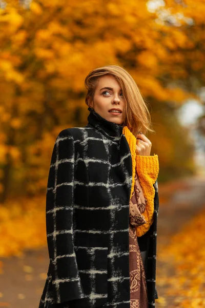 セーター付きの流行の黒いコートにスタイリッシュな美しい若い女性と色の黄色の紅葉と自然の中でファッションスカーフ — ストック写真