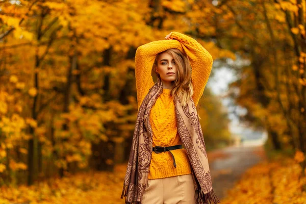 身穿老式针织黄色毛衣和时尚围巾的漂亮的欧洲女人在公园里摆设着五彩缤纷的秋叶 女性秋天的风采与美丽 — 图库照片