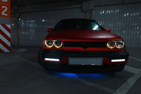 Stylish Red Old Car New Tuning Led Headlights Parking Lot — Stock Photo, Image