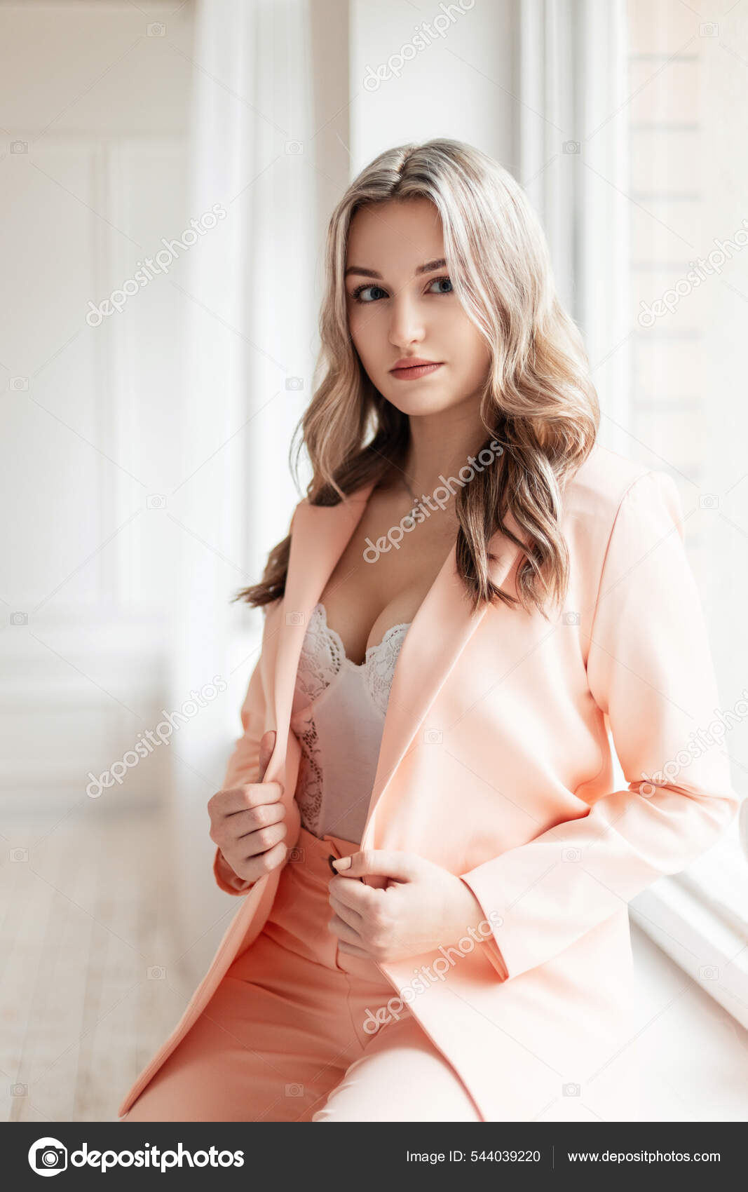 Elegant Beautiful Sexy Young Woman Fashionable Suit Blazer White