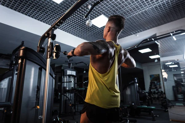 肌肉男在体育馆里训练和泵送他的背部肌肉 健美运动 — 图库照片