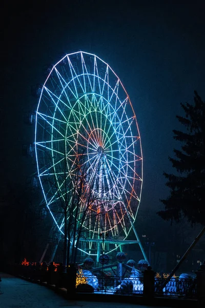 Magic Multi Colored Ferris Wheel Neon Lighting Winter City Park — Stock Photo, Image