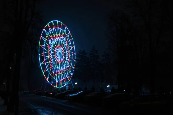 Glühendes Riesenrad Mit Bunten Lichtern Stadtpark Einer Winternacht Mit Schnee — Stockfoto