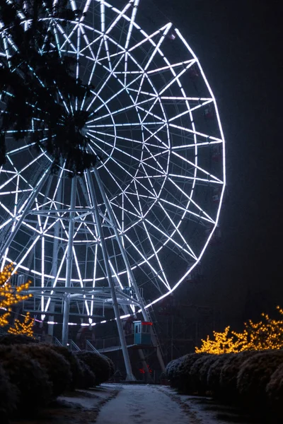 Tolles Riesenrad Mit Weißem Licht Einem Nächtlichen Stadtpark Mit Schnee — Stockfoto