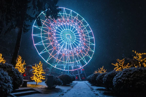 Magico Parco Invernale Con Giostre Divertenti Fantastica Ruota Neon Incandescente — Foto Stock