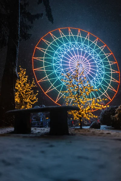 Magischer Winterpark Mit Bank Bäumen Und Tollem Bunten Riesenrad Bei — Stockfoto