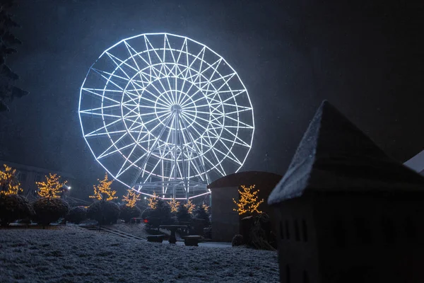 Schönes Leuchtendes Neon Riesenrad Winterpark Bei Nacht — Stockfoto