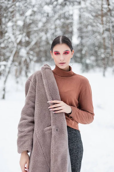 在雪地的公园里 穿着时尚冬季服装 穿着老式毛衣和外套 有着粉色妆容的年轻漂亮的女人 — 图库照片