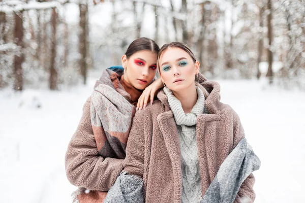 Duas Belas Namoradas Glamourosas Meninas Roupas Vintage Quentes Inverno Moda — Fotografia de Stock