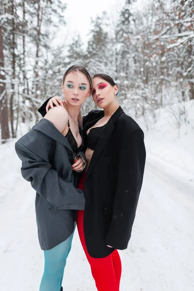 Duas Elegantes Irmãs Mulheres Bonitas Com Maquiagem Roupas Sexy Moda — Fotografia de Stock