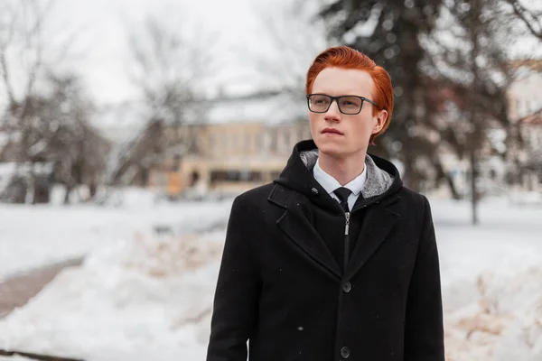 Young Handsome Stylish Businessman Redhead Hipster Man Glasses Fashionable Clothes — Stock Photo, Image
