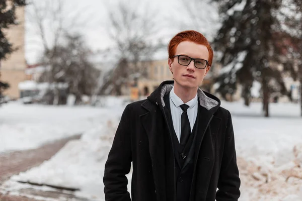 English Handsome Stylish Redhead Man Glasses Hairstyle Fashionable Suit Tie — Stock Photo, Image