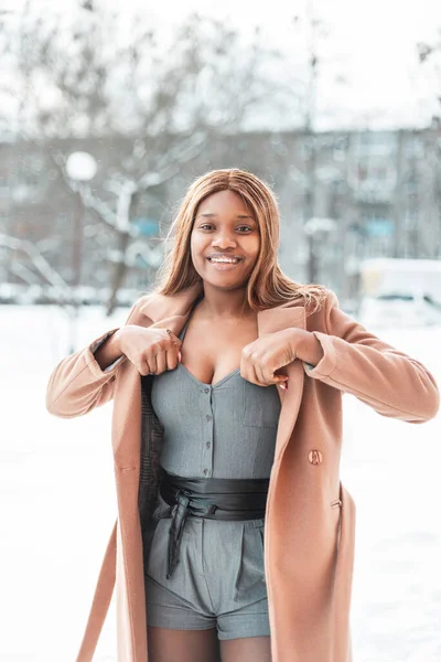 Sexy Beautiful Happy Black Woman Fashionable Outerwear White Background Snow — Stock Photo, Image