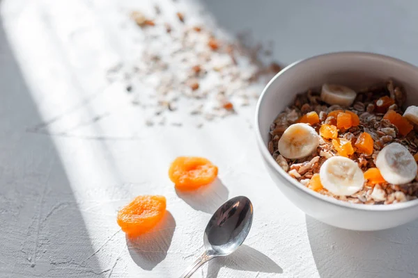 Café Manhã Saudável Pela Manhã Nascer Sol Muesli Comida Vegan — Fotografia de Stock