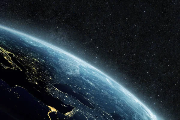 Vacker Blå Planet Jord Med Gul Stad Ljus Stjärnklar Bakgrund — Stockfoto