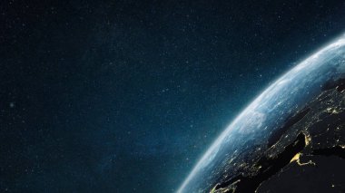 Uzayın derinliklerinde Dünya gezegeninin yüzeyinde. Dış karanlık uzay duvar kâğıdı. Gezegende bir gece, şehirler aydınlık. Yörüngeden bak. Gece vakti dünya. Medeniyet.