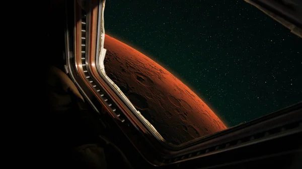 Pohled Okna Kosmické Lodi Mise Červenou Planetu Mars Vesmírná Loď — Stock fotografie