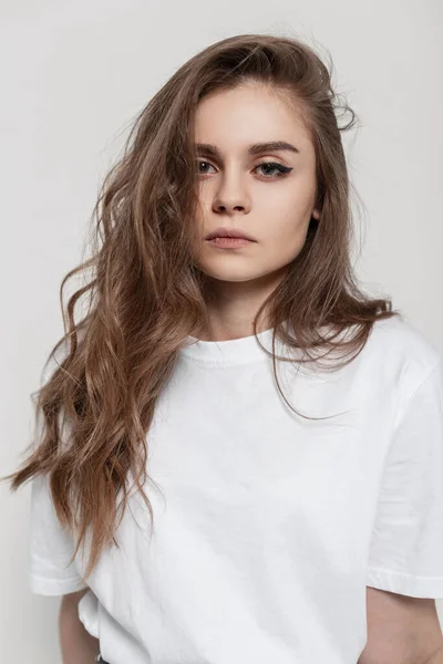 Studio Portrait Beautiful Young Girl Her Hair White Fashionable Shirt — Zdjęcie stockowe