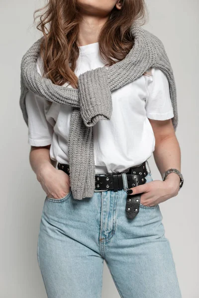 Fashion Woman Casual Stylish Outwear Knitted Sweater White Shirt Blue — Fotografia de Stock