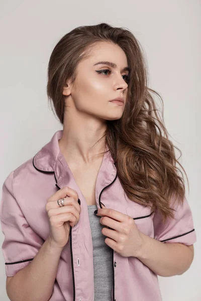 Cute Beautiful Model Woman Hairstyle Trendy Pink Clothes Pajamas Gray — Fotografia de Stock