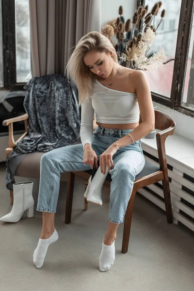 Beautiful Girl Fashionable Denim Clothes White Socks Sits Chair Wears — 스톡 사진