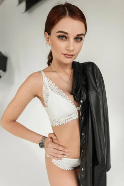Beautiful Sensual Young Girl Makeup Sexy Fancy White Lingerie Black — Stockfoto